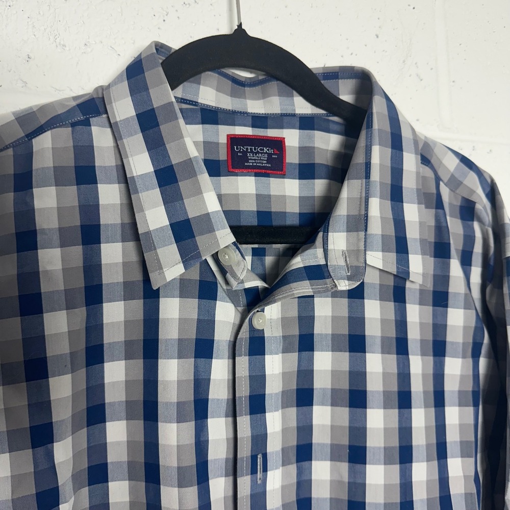 UNTUCKit Mens XXL Long Sleeve Wrinkle Free Gingham Button Down Shirt Blue Grey